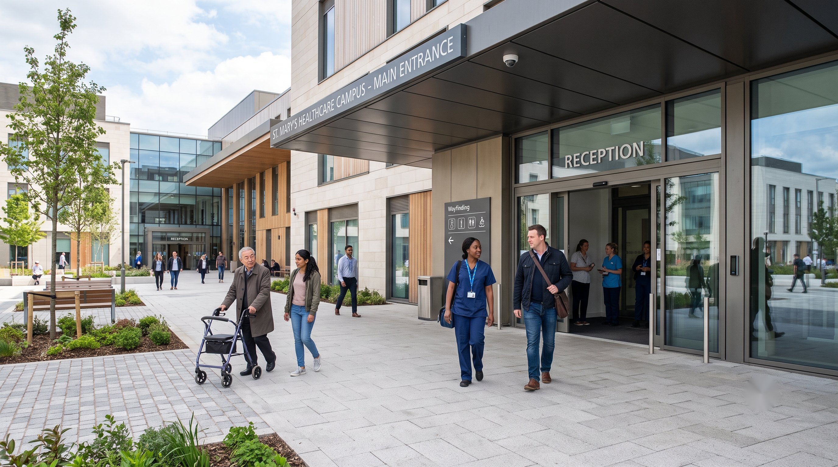 Staff and visitors at a hospital entrance