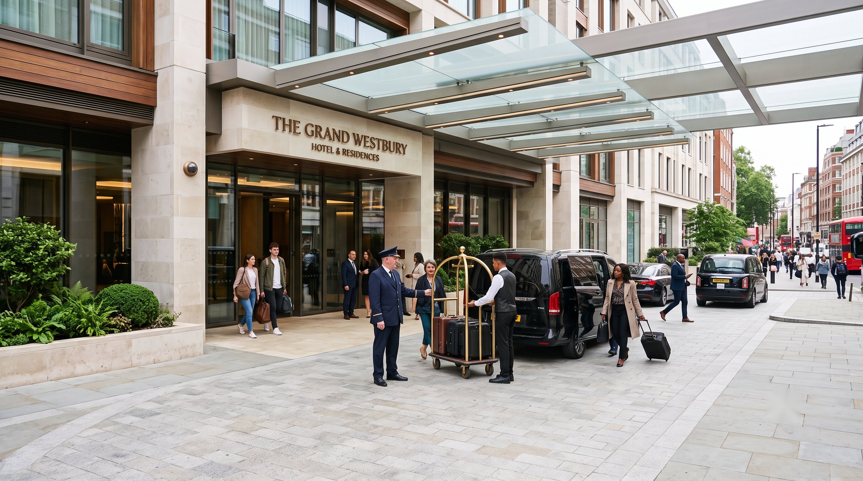 Guests arriving at a hotel entrance