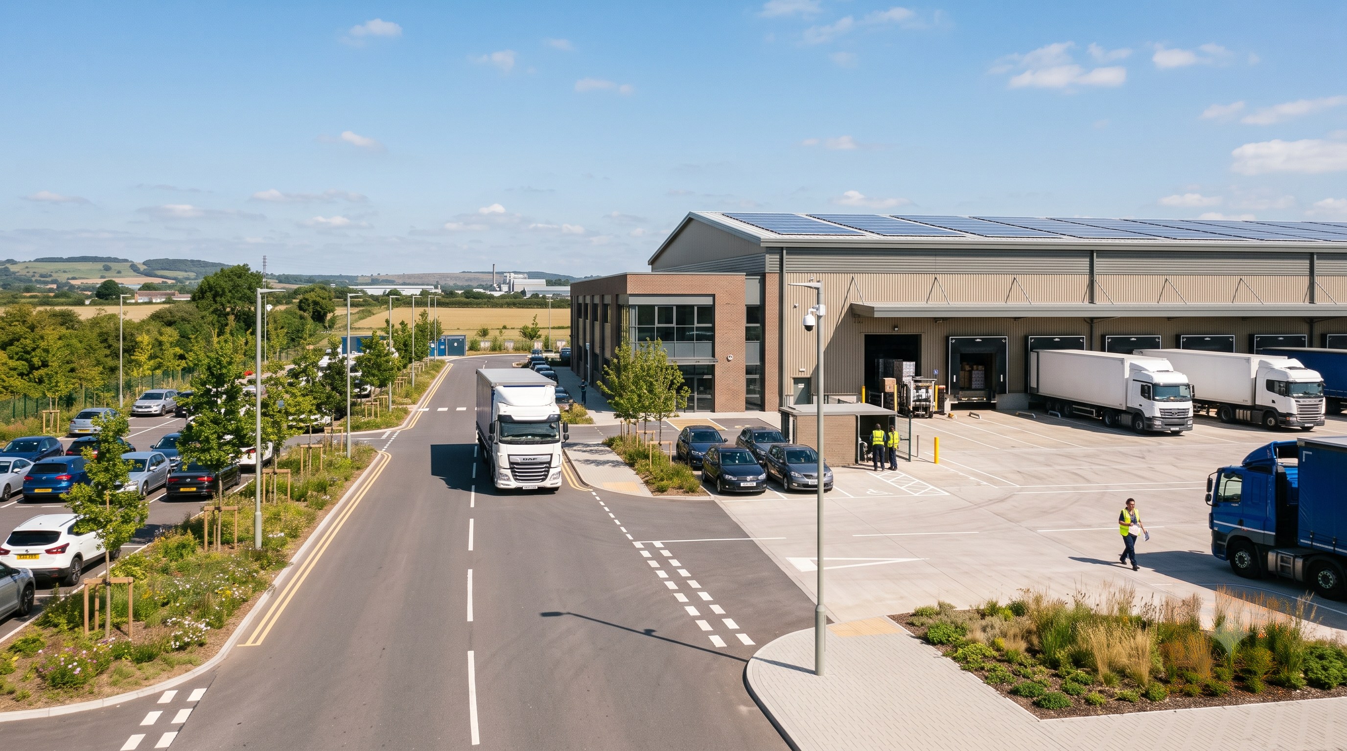 A logistics campus with lorries at the loading docks