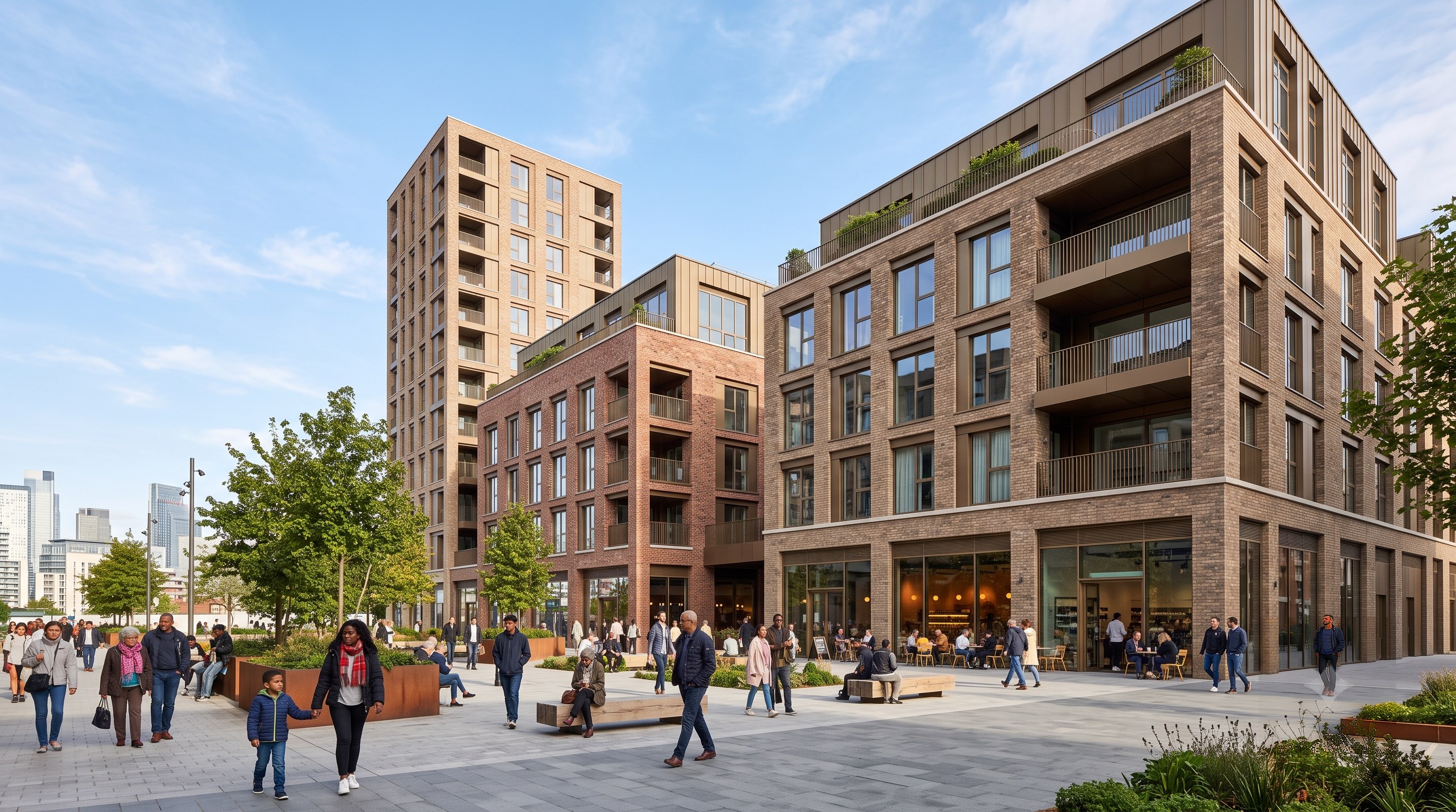 A busy landscaped square in a mixed-use development