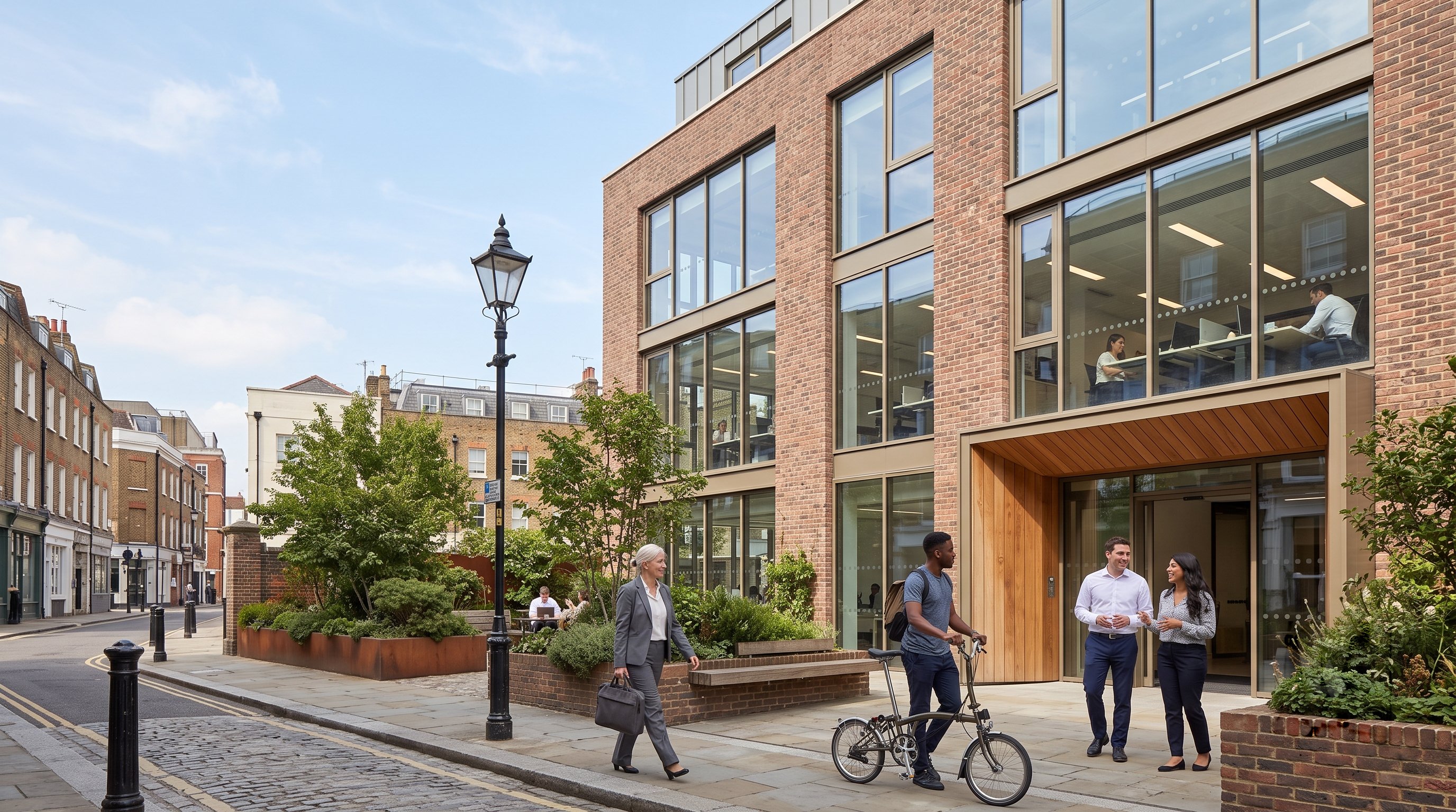 A refurbished office building on a city side street