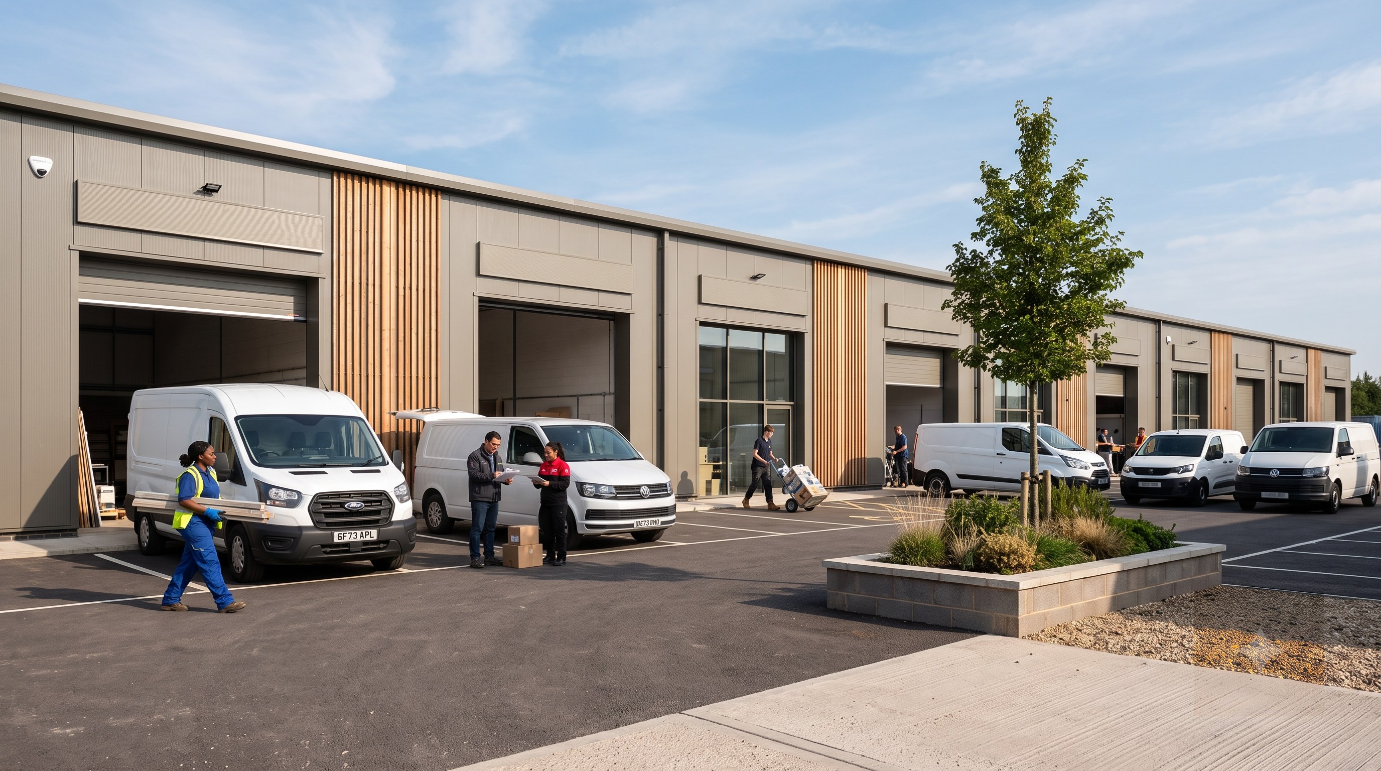 A terrace of small industrial and trade units in use